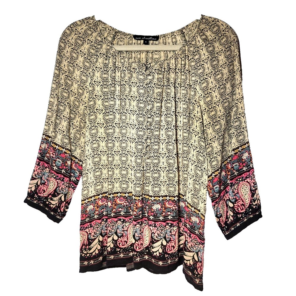 Ava Christine Boho Print 3/4 Sleeve Rayon Soft Button Front Top Size‎ Medium